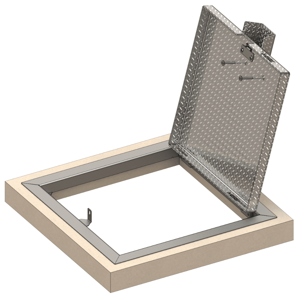 trappe encastrée articulée aluminium ouverte vue isométrique